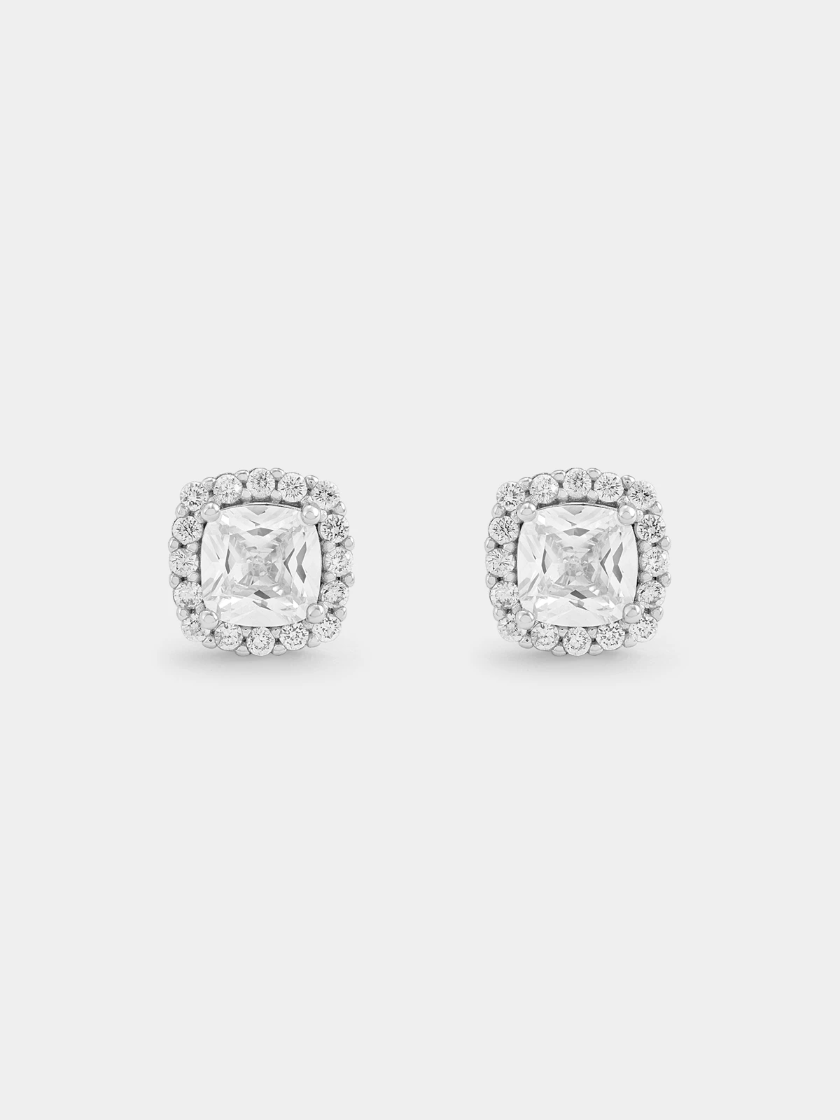 Sterling Silver Cubic Zirconia Cushion Halo Stud Earrings