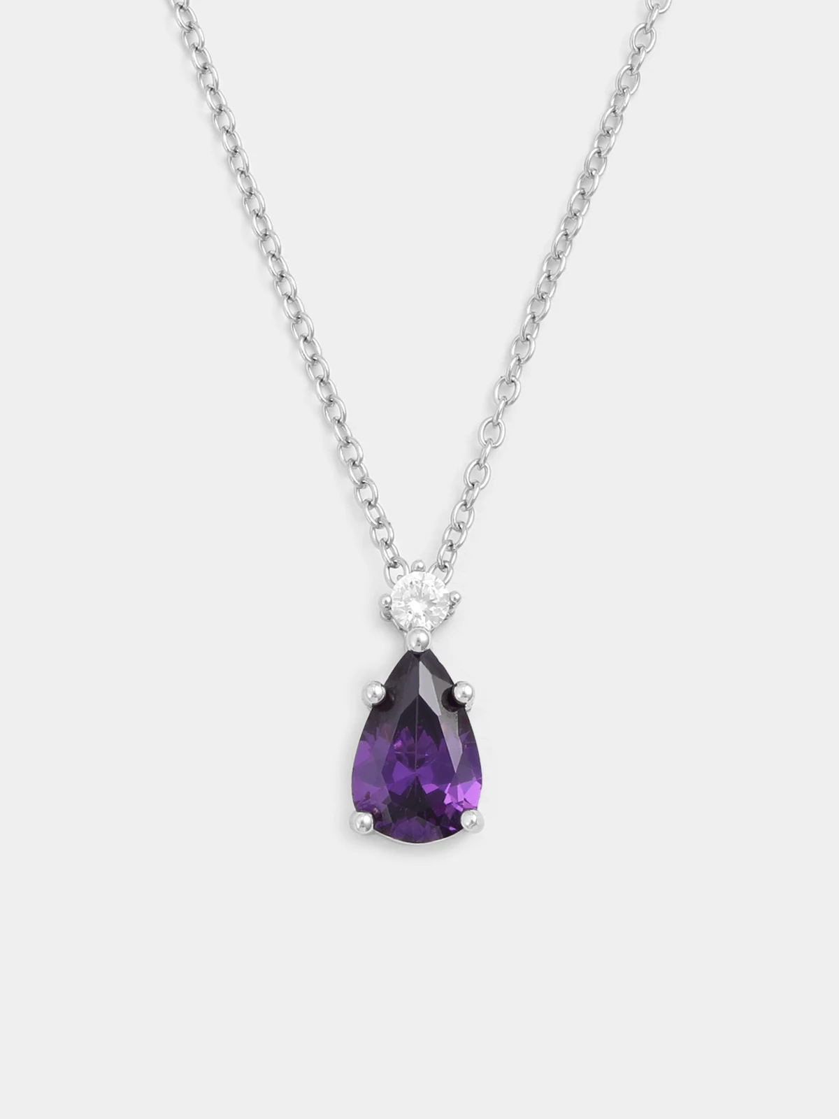 Sterling Silver Amethyst Cubic Zirconia February Birthstone Pear Pendant