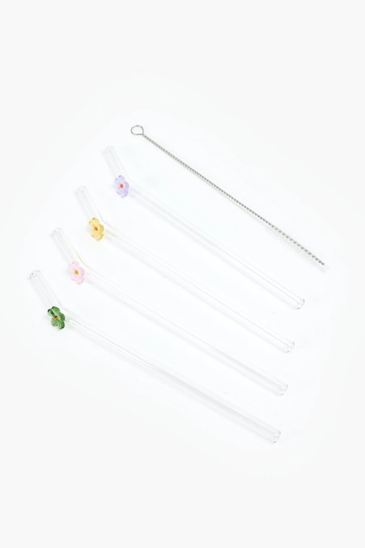 4 Pack Flower Glass Straw Set