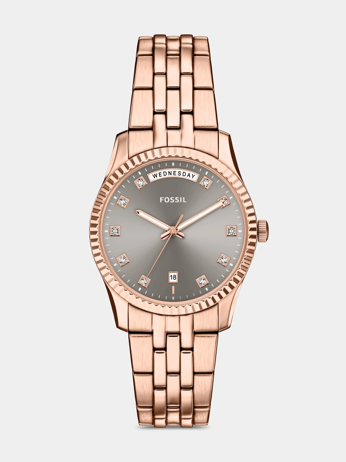 Fossil Scarlette Grey Dial Rose Plated Stainless Steel Bracelet Watch