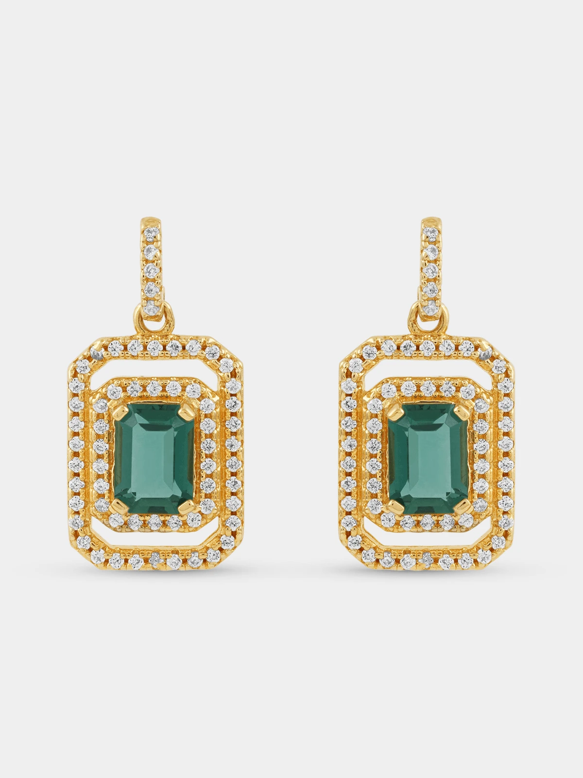 Yellow Gold Vermeil Green Cubic Zirconia Emerald Halo Drop Earrings
