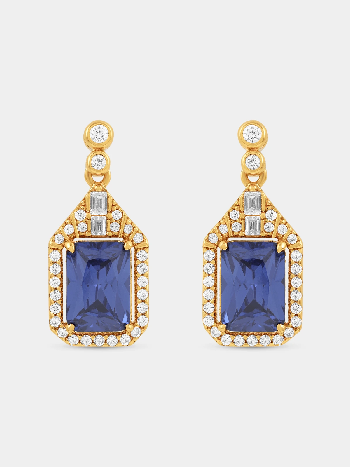 Yellow Gold Vermeil Blue Cubic Zirconia Emerald Halo Drop Earrings