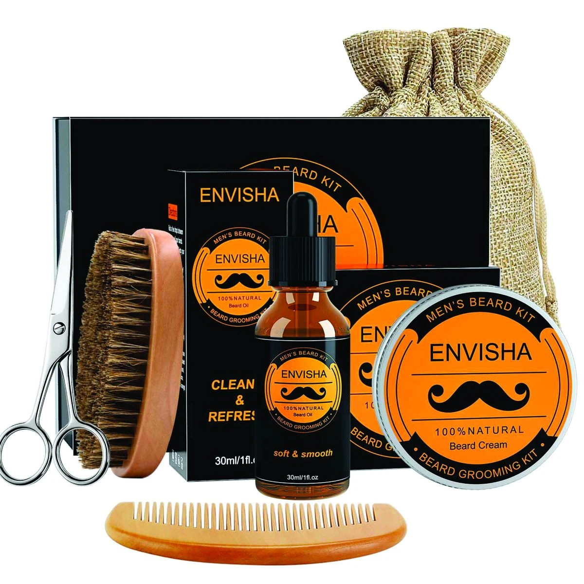 ENVISHA Organic Beard Growth Oil 6 in 1 Natural Mens Grooming Care Kit