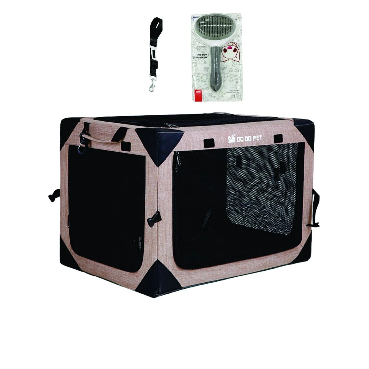 Pet Crate Kennel with Mesh Mat Strong Steel Frame Locking Zippers -KHAKI- L