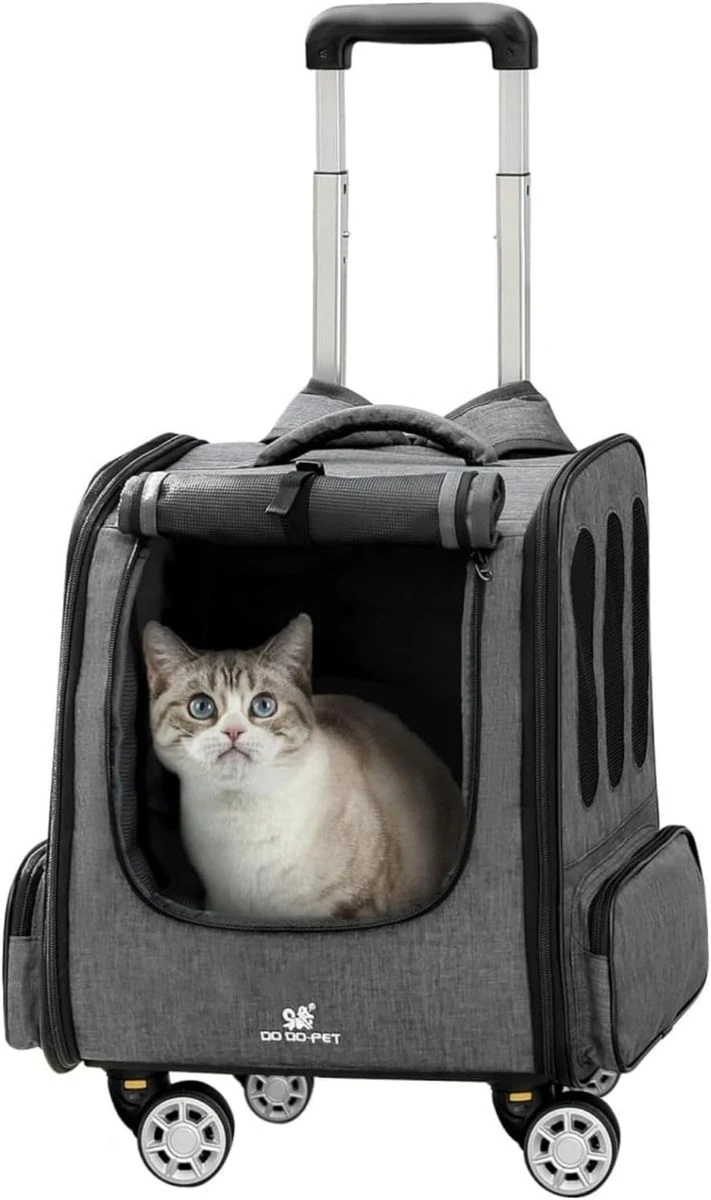 Pet Travel Trolley With Swivel Wheel Breathable Pet Backpack Carrier-GREY-M